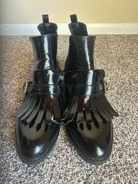 Marc Fisher women’s Black Patent Fringe Chelsea Boots ankle boot
